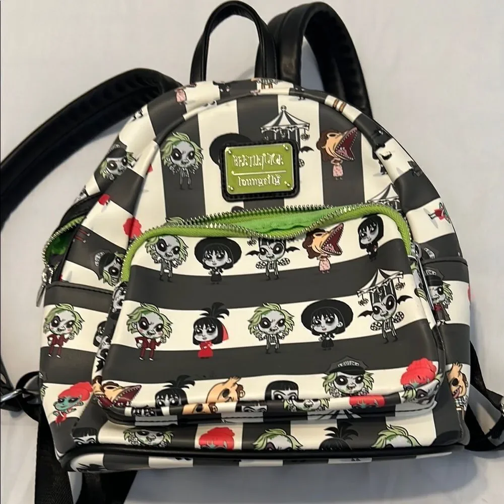 Loungefly Black and White Striped Beetlejuice Beetlejuice Backpack EUC